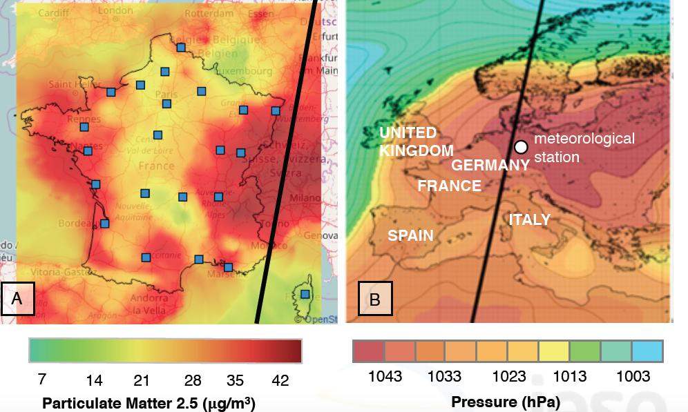 PARTE IV: Un periodo di inquinamento nell'europa occidentale durante l'inverno del 2017. FIGURA 2: (A) Concentrazione di particelle atmosferiche fini (<2,5 μm di diametro) il 25 gennaio 2017.