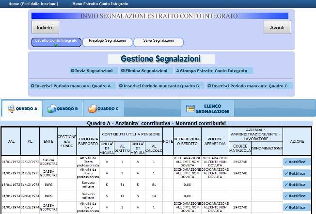 1 Pulsanti per la gestione delle segnalazioni Pulsanti per l inserimento di periodi mancanti sui quadri dell estratto conto integrato Scheda che raggruppa le segnalazioni