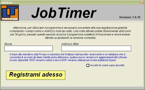 Procedura di Registrazione Per poter essere utilizzata, la Vs copia di JobTimer deve essere registrata, questa procedura consente di utilizzare il programma gratuitamente, completo in tutte le sue