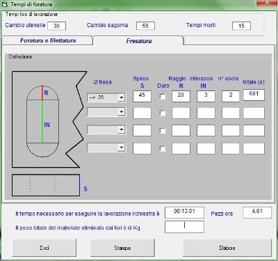 In basso i dati relativi alla lavorazione: tempo totale della lavorazione (compreso cambio utensile, cambio sagoma e tempi morti) Pezzi / ora peso in Kg del materiale perso Possiamo utilizzare il