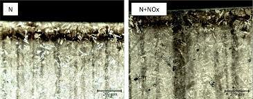 FIG. 1 Micrografia ottica in sezione dei provini N e N+NO x. Nital2. 100x. Optical micrographs of N e N+NO x. Nital2. 100x. FIG. 2 Micrografia ottica in sezione dei provini N+CO 2 e N+Aria. Nital2. 100x. Optical micrographs of N+CO 2 e N+Aria.