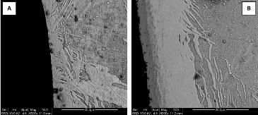 Trattamenti termici FIG. 3 Micrografia SEM-BSE A) provino N, B) provino N+NO x. SEM-BSE micrograph A) N sample B) N+NO x sample. FIG. 4 Micrografie SEM-BSE dei provini A) N+CO 2, B) N+Aria.