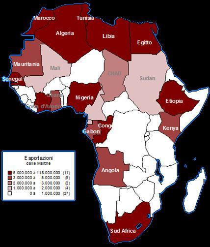 il Sud Africa aumenta gli acquisti dalle Marche. Paese Export Anno 2015 l totale Africa Var. % 1 Tunisia 117.114.693 24% -11,3% 2 Algeria 79.256.939 17% +39,3% 3 Egitto 61.296.