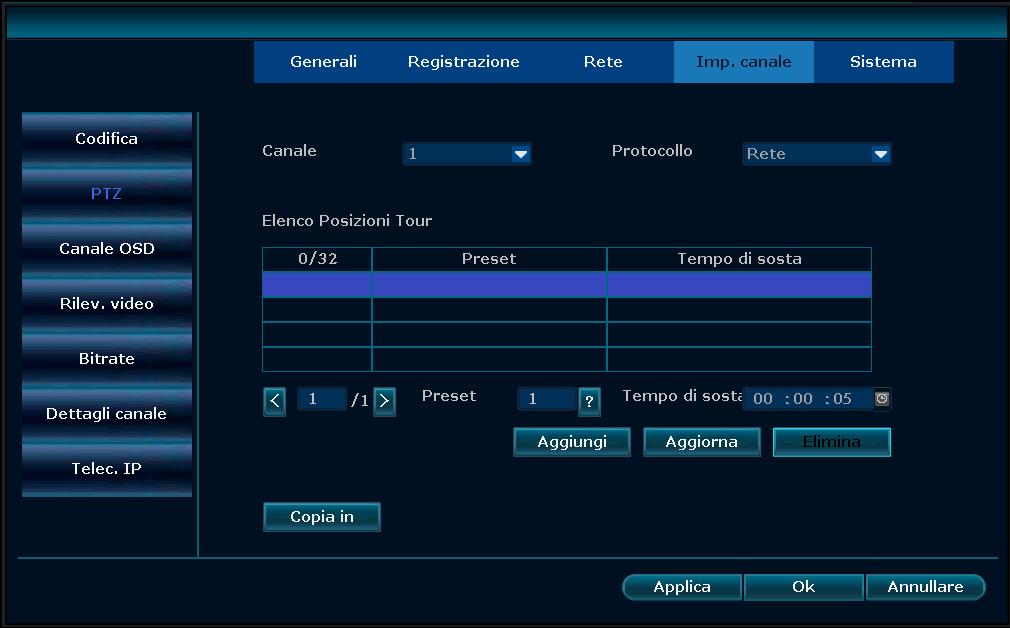 Rilevamento: consente di selezionare il tipo di rilevamento effettuato scegliendo tra i seguenti valori: Movimento, Perdita video. Sensibilità: Consente di impostare la sensibilità del rilevamento.