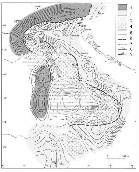 Carta delle isobate della Moho per l Italia, equidistanza 2.5 km (da R. Cassinis et alii, 2003).