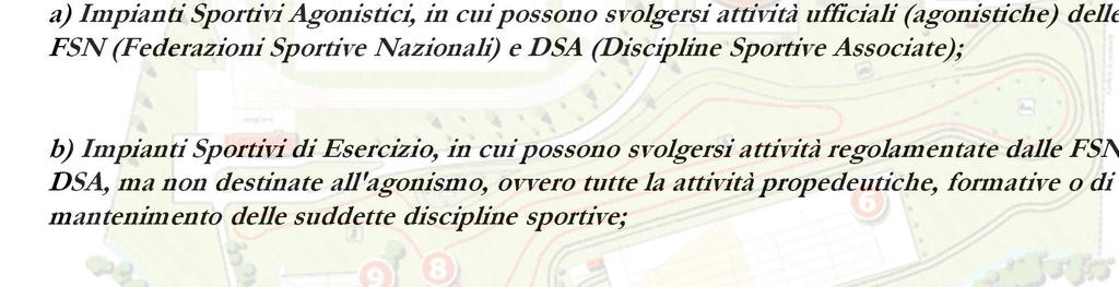 Gli Impianti Sportivi si distinguono in: a) Impianti Sportivi Agonistici, in cui possono svolgersi attività ufficiali (agonistiche) delle FSN (Federazioni Sportive Nazionali) e DSA