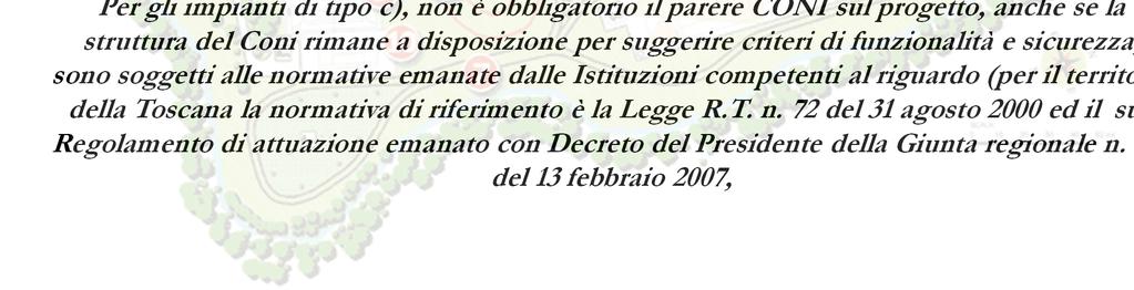 1379 del 23 giugno 2008 Per gli impianti di tipo c), non è obbligatorio il parere CONI sul progetto, anche se la struttura del Coni rimane a disposizione per suggerire