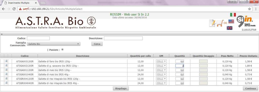 Saranno ora mostrati gli articoli che appartengono alla categoria scelta. Indicare i colli desiderati nel campo Quantità.