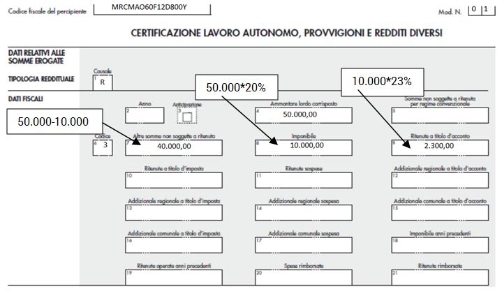 richiesta per la riduzione al 20% della base imponibile su cui applicare la ritenuta con l aliquota del 23%. Provvigioni 50.000,00 Imponibile 10.000,00 Ritenuta a titolo d acconto 2.