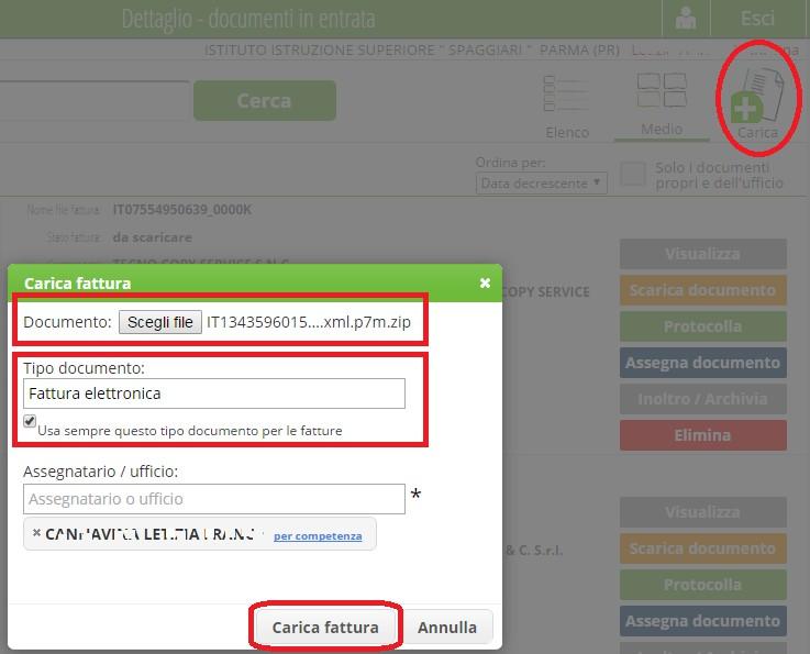 Sul campo Tipo documento impostare il tipo Fattura elettronica. Spuntare l'opzione "usa sempre questo tipo documento per le fatture", cliccare su Carica fattura.