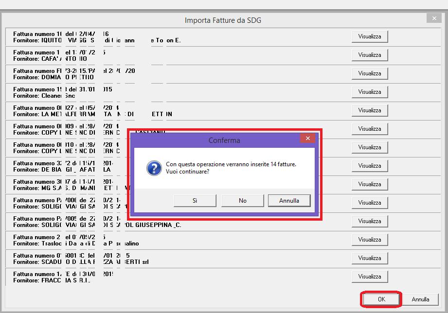 Premere OK per avviare la procedura di importazione delle fatture in elenco (nell'esempio 14