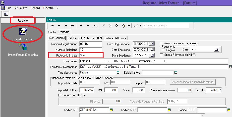 Se le fatture importate sono già protocollate su SDG, nei dati del Registro compare anche il numero di protocollo.