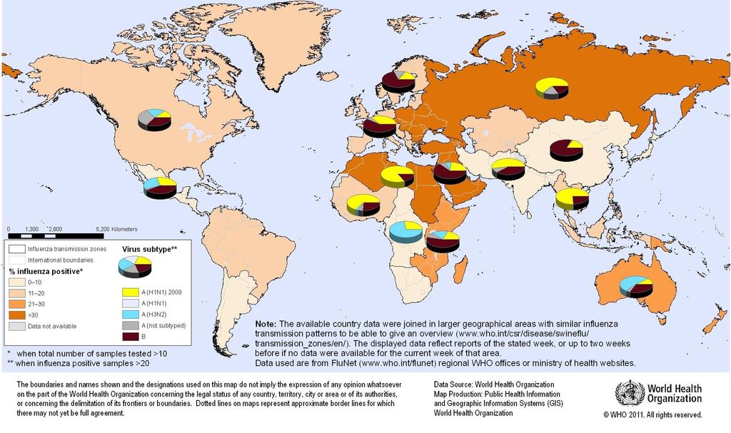 Relazioni FluNet: Durante la 11 e 12 settimana del 2011 (13 marzo 26 Marzo 2011) il National Influence Centre (NIC) ha elaborato dati epidemiologici FluNet provenienti da 76 Paesi.