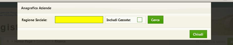 C Si può decidere di includere le aziende cessate inserendo il flag Cessate. Cliccando sul tasto Ricerca si apre un icona in cui indicare i criteri di ricerca.