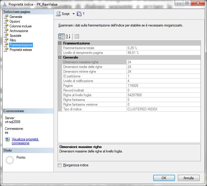 In questa pagina valutare i valori di Frammentazione totale e Livello di riempimento pagina.
