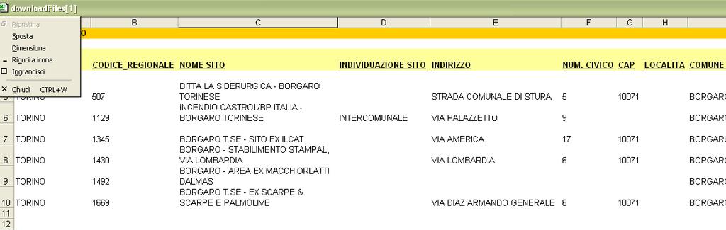 Formato dati scaricabili SIRA per le IMPRESE Estrazione dati alfanumerici relativi al sito