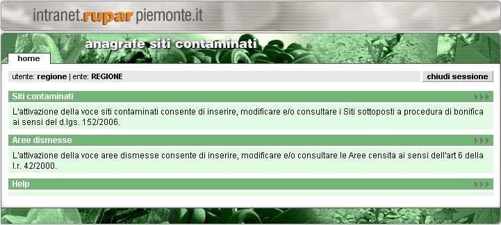 Applicativo gestionale Anagrafe Siti SIRA Contaminati per le IMPRESE Anagrafe delle aree