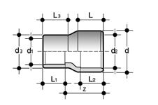 RIV Riduzione: estremità maschio per incollaggio (d) o estremità femmina per incollaggio (d 2 ), estremità a bicchiere per incollaggio (d 1 ridotto) d x d 2 x d 1 PN E L L 1 L 2 Z g Codice IF 25 x 20