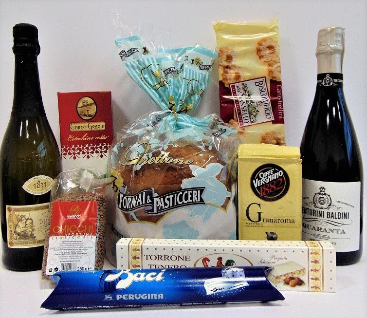 Scatola regalo Chiara Scatola Natalizia Mis. L.30,5xP.23xH.35 Panettone Classico Fornai&Pasticceri Cellophane 800 g. Spumante Brut Cuvée Bosca bottiglia 75 cl.