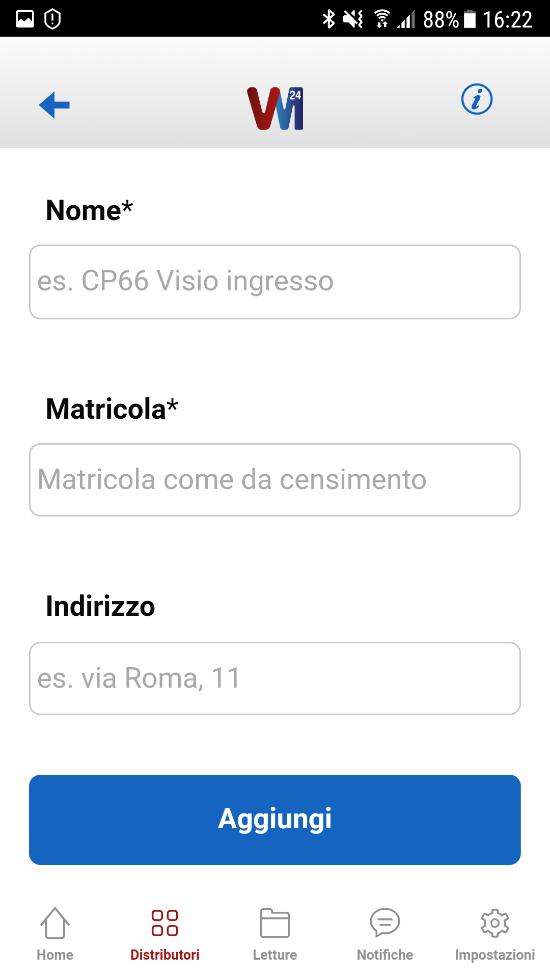 VM24 AGGIUNGERE UN DISTRIBUTORE Compilare la tabella con i dati richiesti quindi premere il pulsante Aggiungi Nome [Campo Obbligatorio] Inserire il nome del distributore (es.