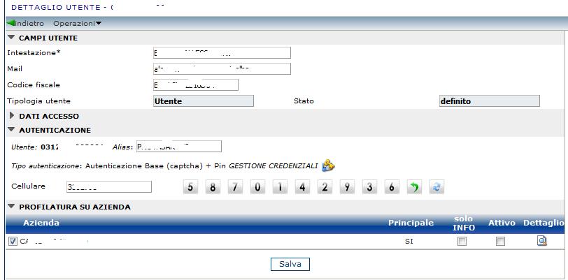 8.1.3 Gestione credenziali Utente selezionato Descrizione: Tale sezione permette al Padre di selezionare il tipo di autenticazione desiderato per la propria utenza, nonché di gestire le credenziali