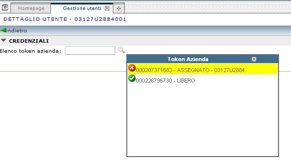 Selezionando il pulsante di ricerca, si apre la tendina contenente tutti i Token associati all Azienda, comprensivi dell indicazione che identifica i