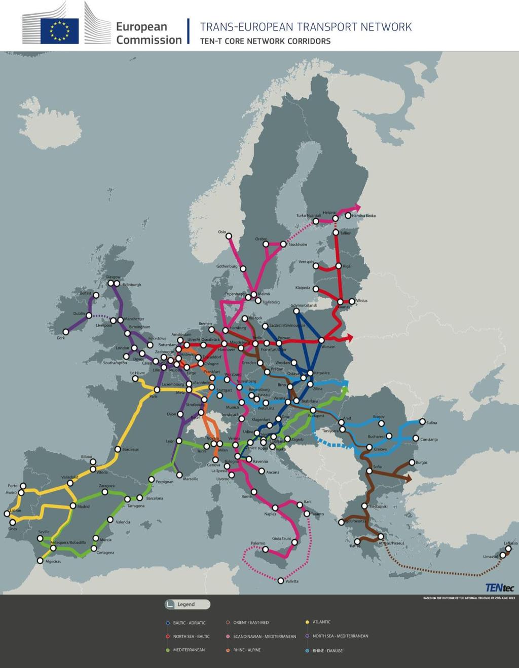 L'Italia nei corridoi europei RHINE - ALPINE CORRIDOR: E' il corridoio sull'asse nord-sud che collega i porti del Mare del Nord di Rotterdam e Antwerp con le basi nel Mediterraneo, come il porto di