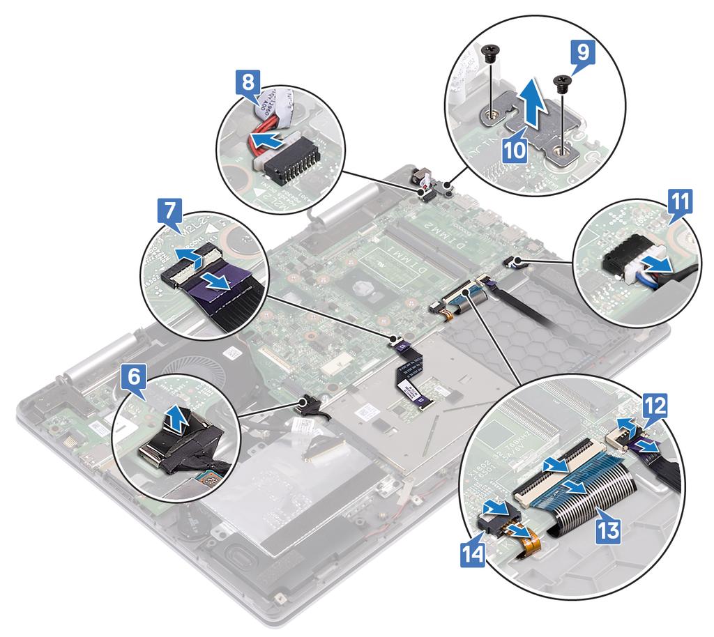 10 Sollevare il supporto della porta USB Type-C dalla scheda di sistema. 11 Scollegare il cavo degli altoparlanti dalla scheda di sistema.