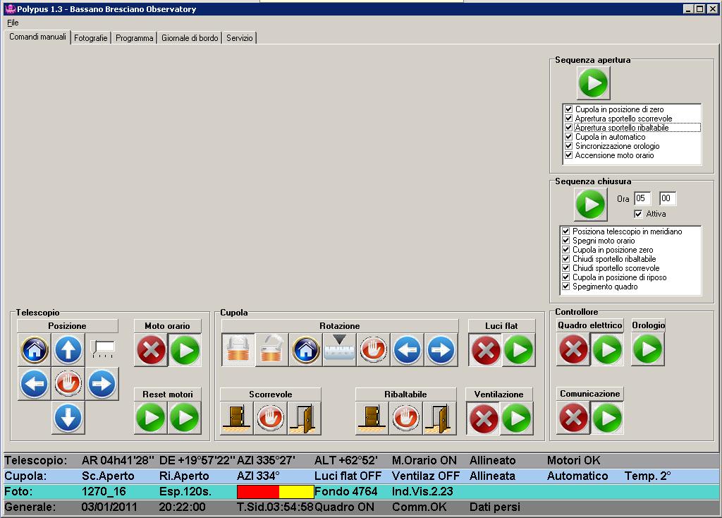 Comandi manuali Comandi singoli di: Telescopio, cupola, sportelli, luci flat