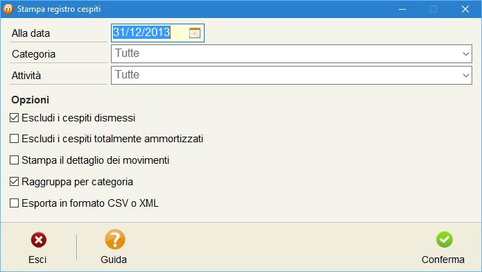 Stampa registro cespiti La funzione è accessibile da Contabilità»» Stampa registro cespiti ed esegue la stampa del registro cespiti richiesta dalla normativa.