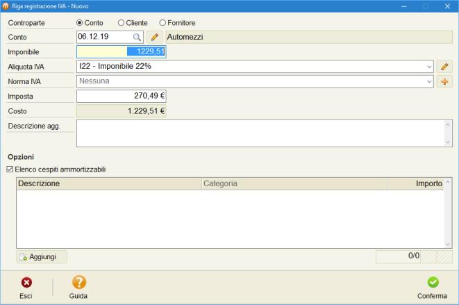 la lente per ricercare e selezionare il conto relativo al cespite. 4. Compilare i campi Imponibile e Aliquota IVA ; nel caso sia presente un indetraibilità ai fini IVA selezionare anche la Norma. 5.