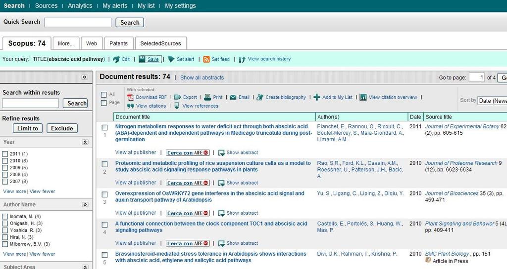 SCOPUS: RISULTATI si può impostare un alert della propria strategia di ricerca si verrà