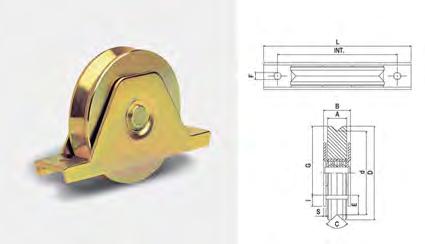 Ruote con supporto per cancelli gola a V Ruote in acciaio 45 tropicalizzato, fissaggio tramite supporto con fori, cuscinetto singolo, gola per guie a V. G () I E. Int.