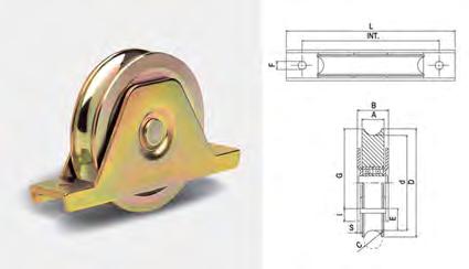430 Ruote con supporto per cancelli gola tona Ruote in acciaio 45 tropicalizzato, fissaggio tramite supporto con fori, cuscinetto singolo, gola per guie rotone.