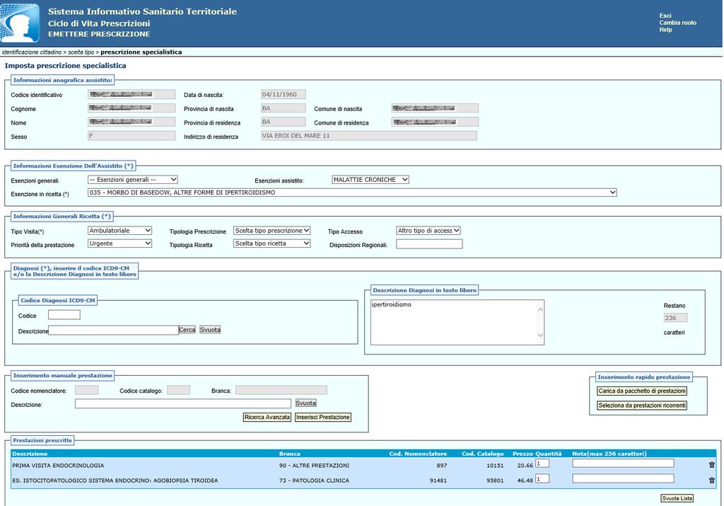 4.2.2.2 Emettere prescrizione specialistica Questa funzionalità permette di inserire una prescrizione specialistica, è possibile inserire fino a 8 prestazioni per una stessa prescrizione.