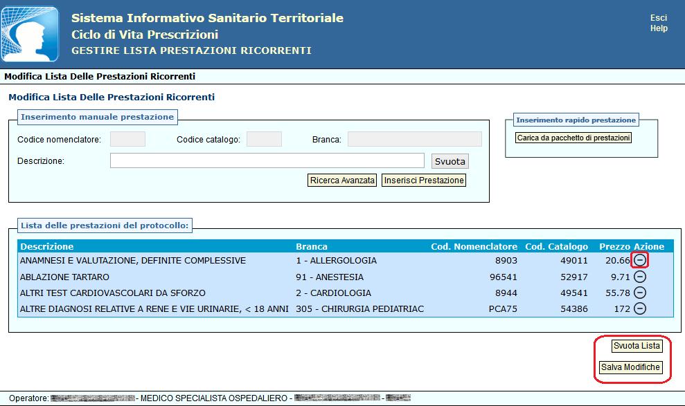 E possibile eliminare una singola prestazione cliccando sul simbolo presente accanto ad ogni singola prestazione.