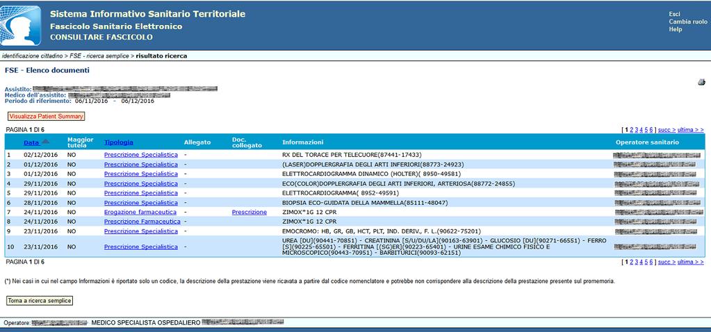 del FSE. Figura 82 Per ogni documento sanitario, è possibile visualizzarne il dettaglio cliccando la relativa voce sotto Tipologia.