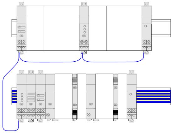 I cavi di comunicazione permettono la connessione dei diversi moduli EMS BTDIN e delle due rotaie DIN.