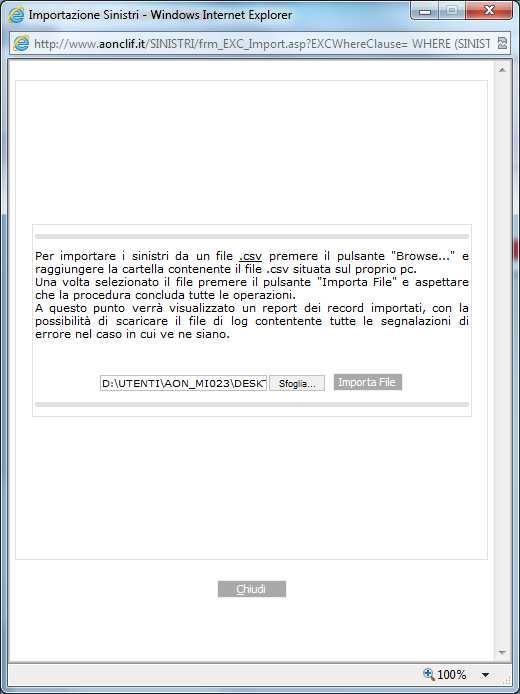 9. Comparirà la seguente schermata: 10. Cliccare sul tasto Sfoglia e recuperare il file.csv generato precedentemente cercandolo nella cartella dove è stato salvato. 11.