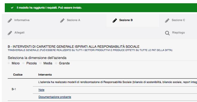 Fig. 4 Sezione B, selezione dimensione azienda Alcuni interventi delle Sezioni C ed E presentano una differenziazione del punteggio a seconda del settore produttivo delle Pat.