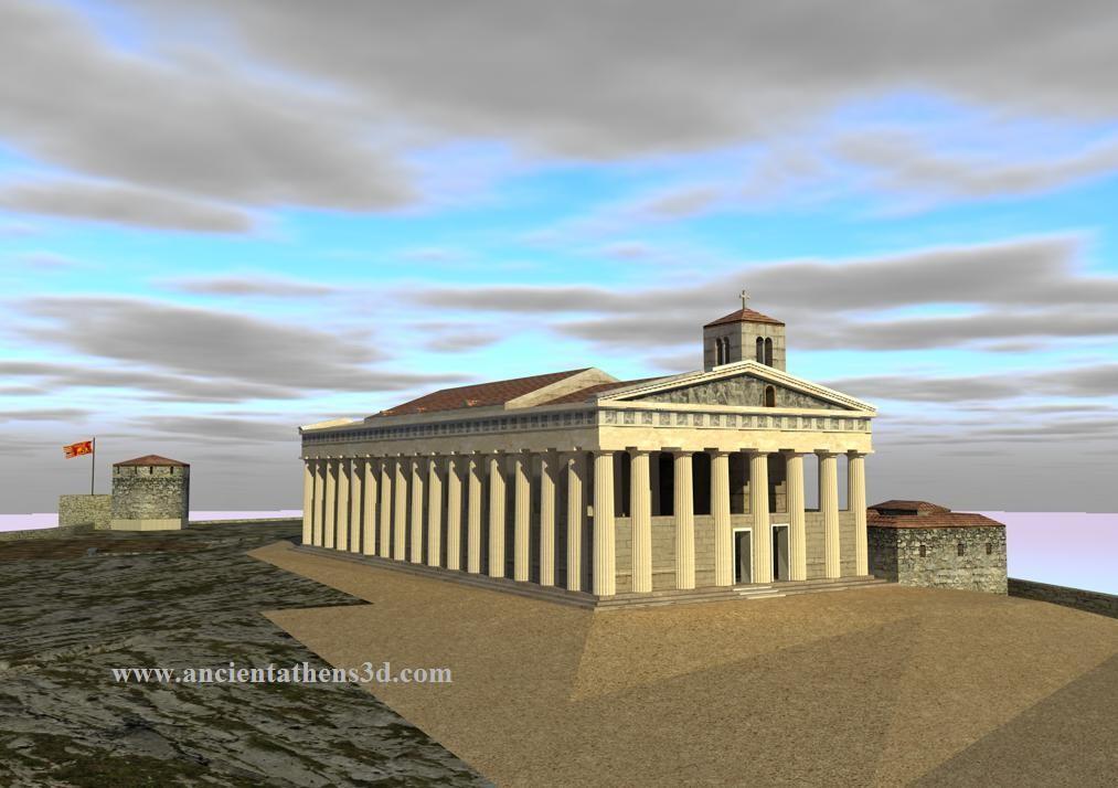 In particolare, il Partenone, che aveva subito i danni in un incendio nel 267 d.c. perdendo il tetto e parte del colonnato, acquistò un nuovo tetto costruito in modo da coprire solo la cella e lasciare il colonnato esterno scoperto.