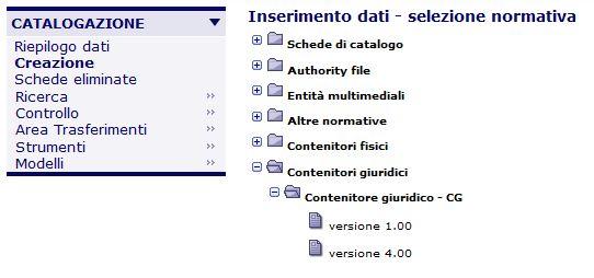 comando CREAZIONE dal menu a sinistra. Si aprirà il seguente menu.