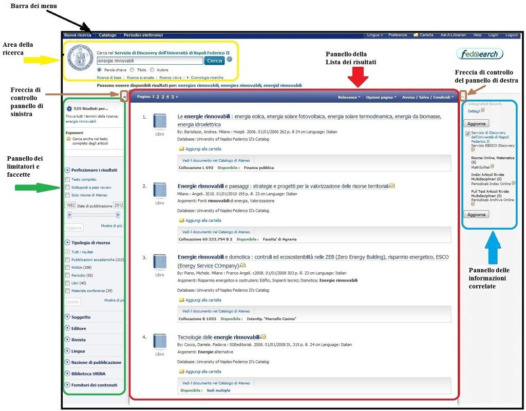 Il pannell di destra nella Lista dei risultati di fedsearch All intern della schermata della Lista dei risultati, la clnna di destra (