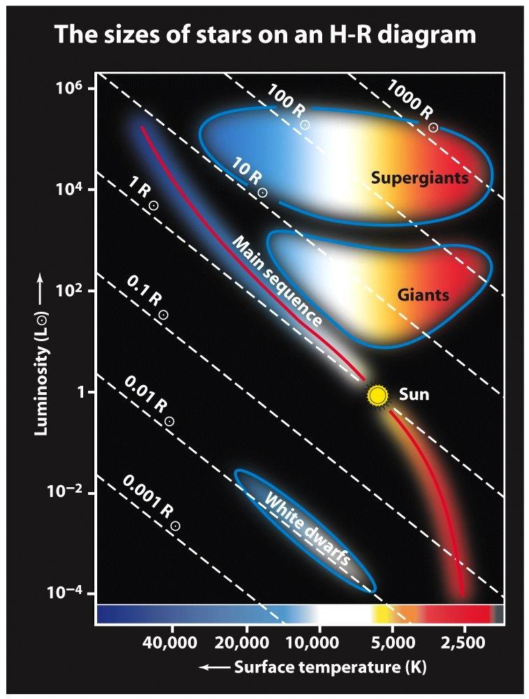 Raggi stellari nel diagramma H-R Luminosità (L ) Raggi stellari nel diagramma H-R Sequenza principale Nane bianche Supergiganti Giganti Temperatura superficiale (K) Sole Possiamo usare la relazione L