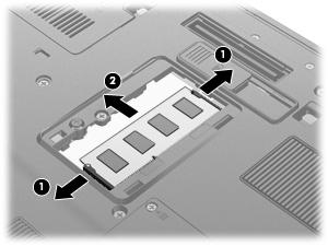 b. Afferrare il modulo per il bordo (2) ed estrarlo delicatamente dallo slot. Per proteggere un modulo di memoria dopo averlo rimosso, conservarlo in un contenitore antistatico. 10.