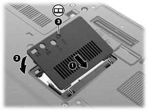 13. Stringere la vite del coperchio dello scomparto dei moduli di memoria (3). 14. Installare nuovamente le batterie. 15.