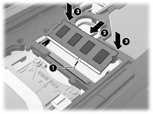 11. Per inserire un modulo di memoria, seguire le istruzioni riportate di seguito: a. Allineare l'estremità scanalata (1) del modulo con l'apposita sporgenza dello slot.