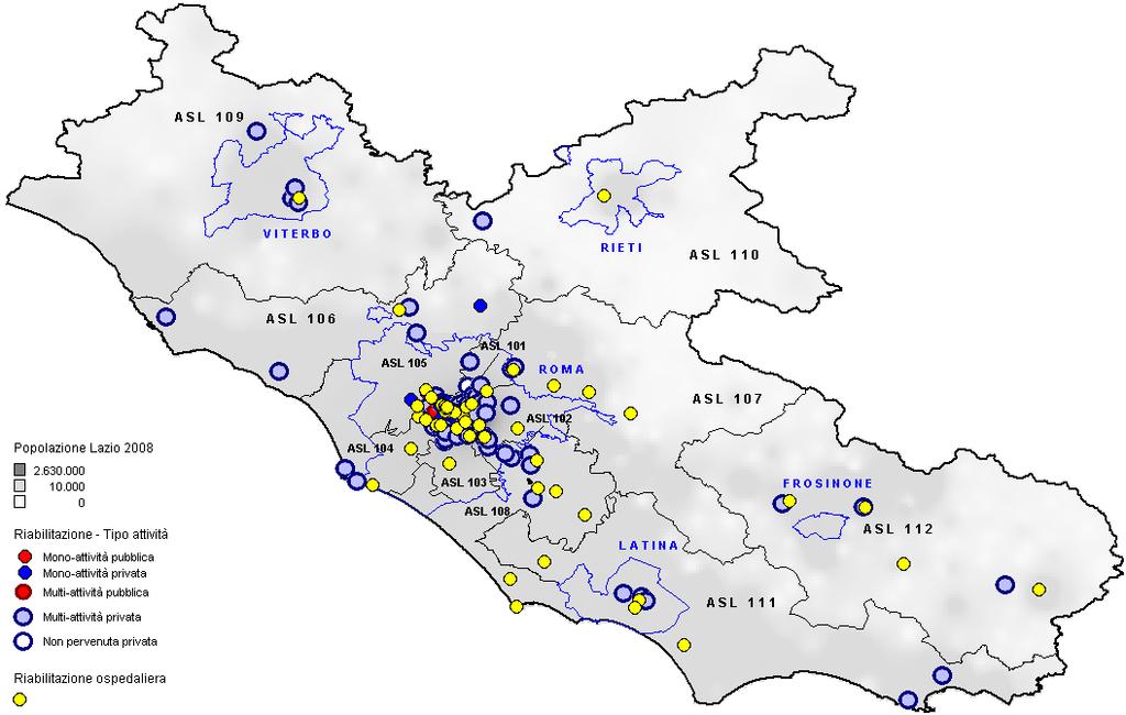 Sintesi Regione Lazio Analisi offerta Georeferenziazione: Riabilitazione La mappa mostra la rete di offerta delle strutture di riabilitazione extraospedaliera ex art.