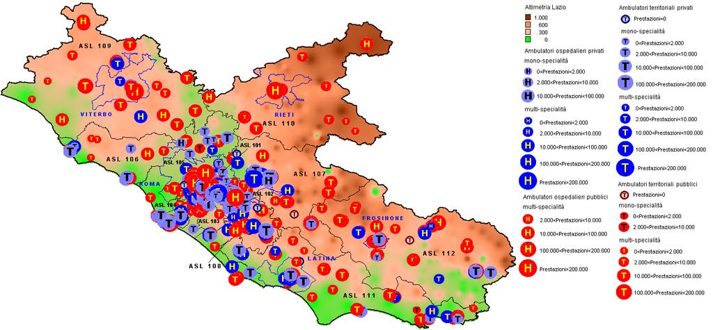 Sintesi Regione Lazio Analisi offerta Georeferenziazione: Specialistica Ambulatoriale La mappa mostra la rete di offerta delle strutture Ambulatoriali in Regione Lazio nel 2008.