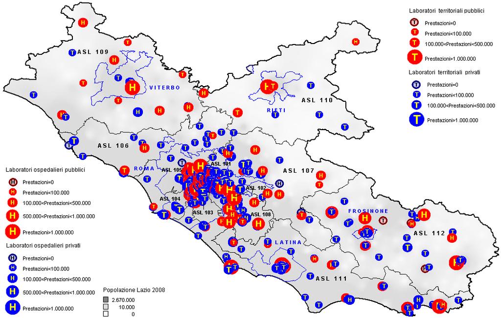 Sintesi Regione Lazio Analisi offerta Georeferenziazione: Laboratori Nel 2008 la Regione Lazio presenta sul proprio territorio 477 strutture (di cui 457 hanno inviato il dato per il 2008) e si